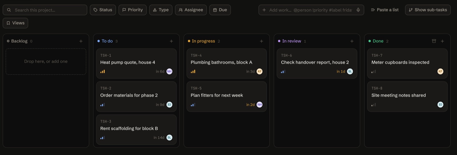 A project board in Raevox, with tasks in the columns Backlog, To do, In progress, In review and Done.